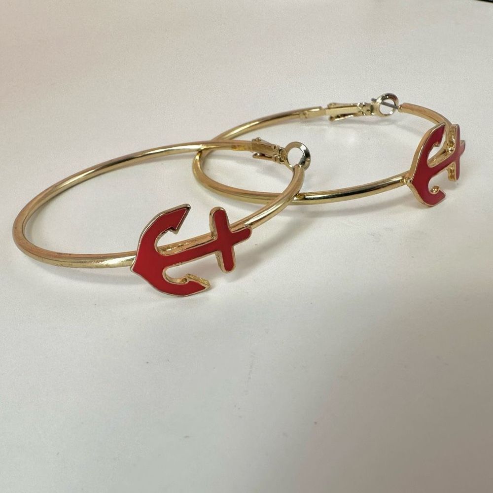 Gold tone and red anchor hoop earrings